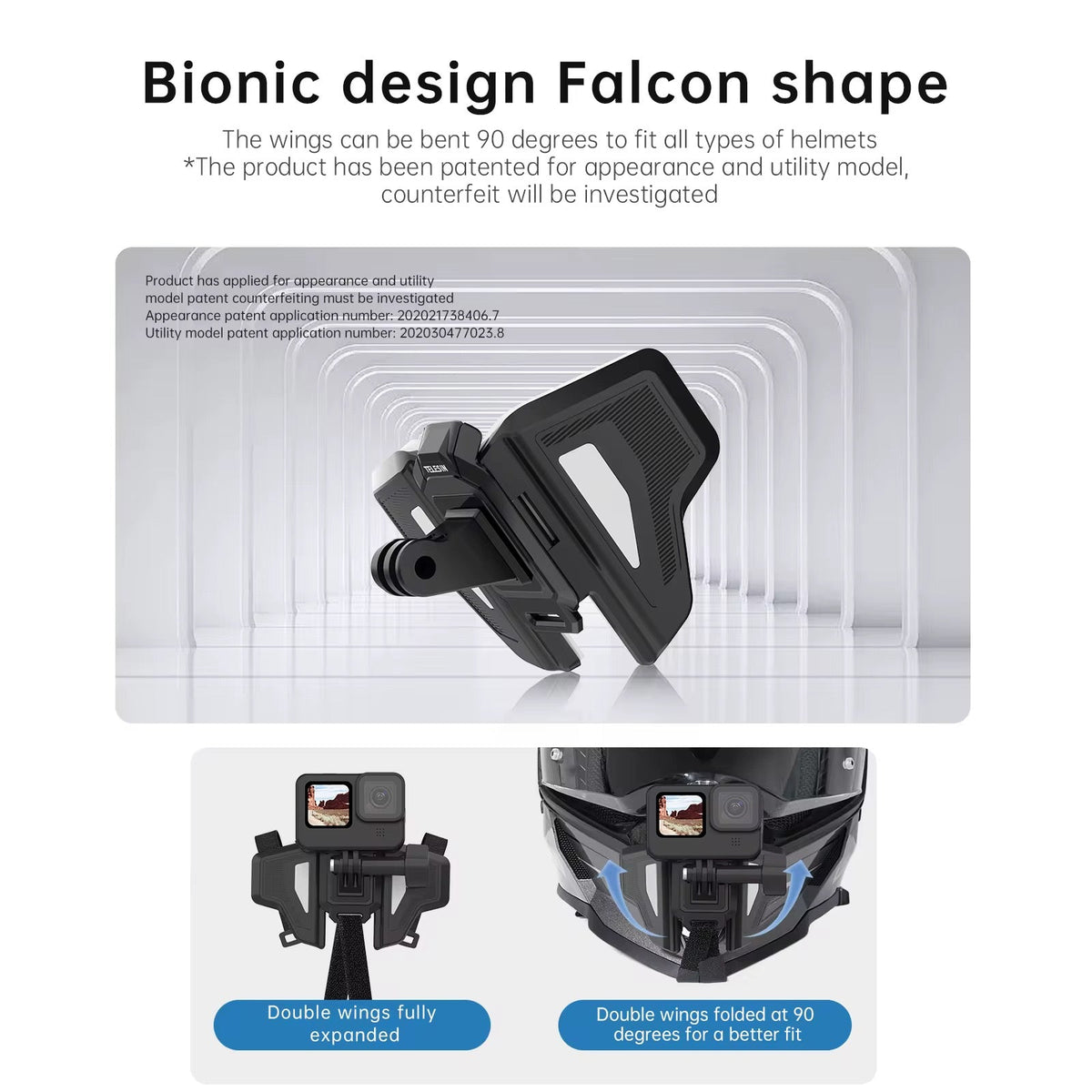 Falcon chin camera mount with folding dual wings