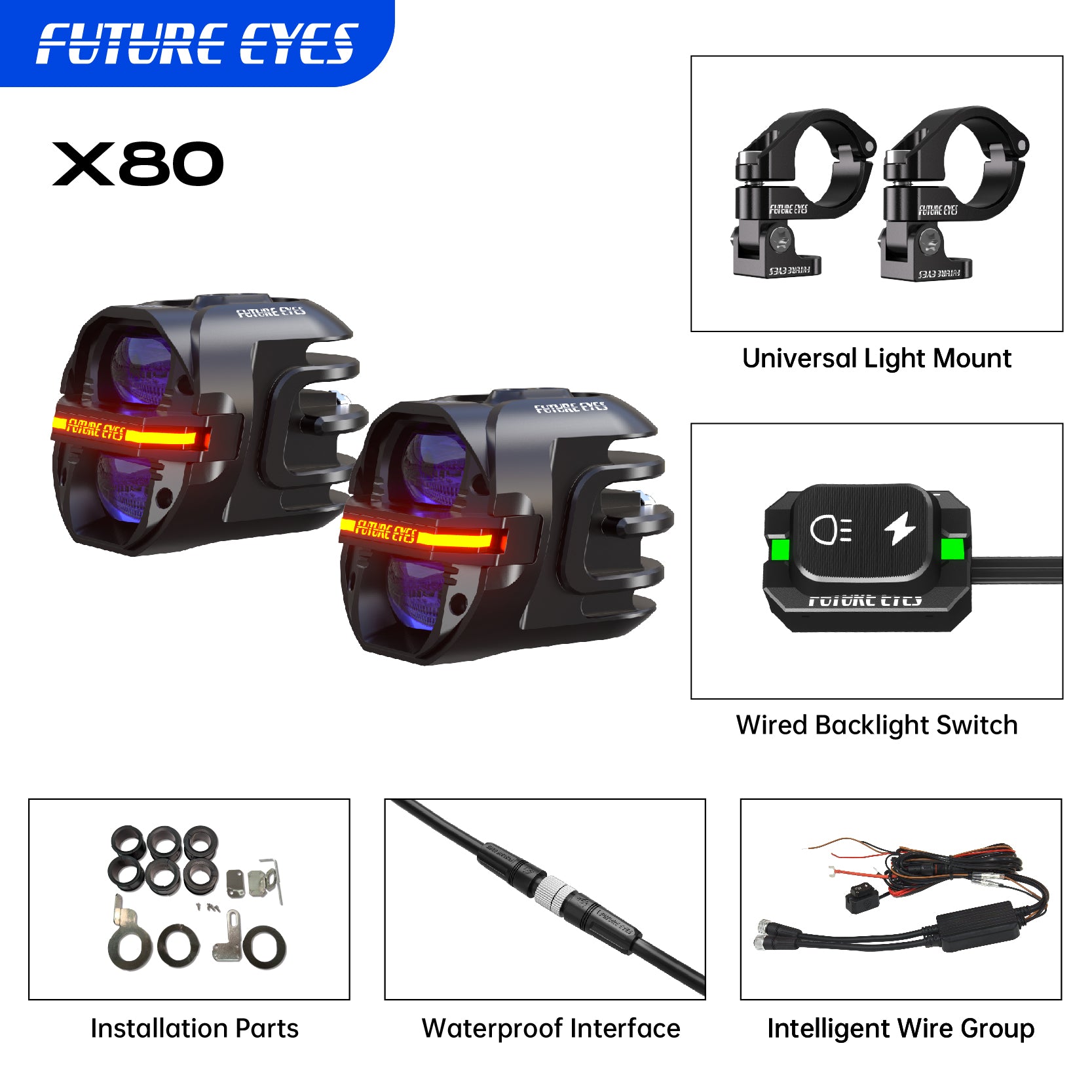 Future Eyes Galaxy X80 Motorcycle Auxiliary Spotlights (Pair)
