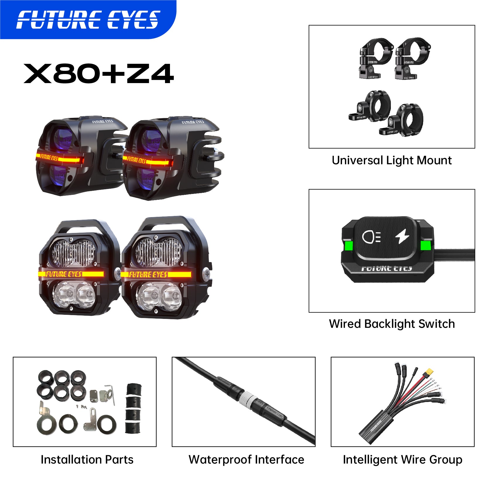 Future Eyes Galaxy U-2-Pairs Motorcycle Light Combo Kit (X80 + Z4 Set)