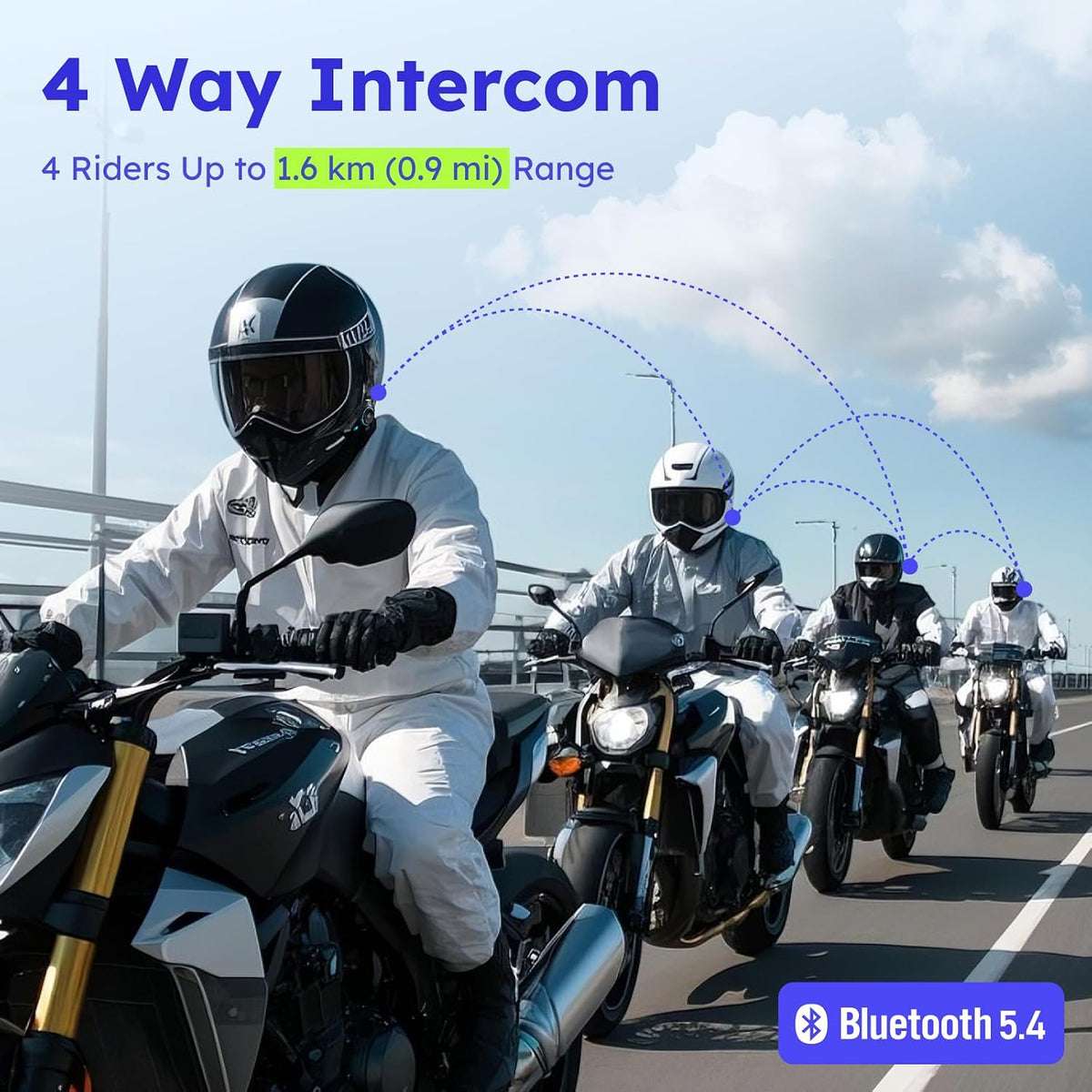 D10 4-rider Bluetooth 5.4 intercom up to 1.6 km