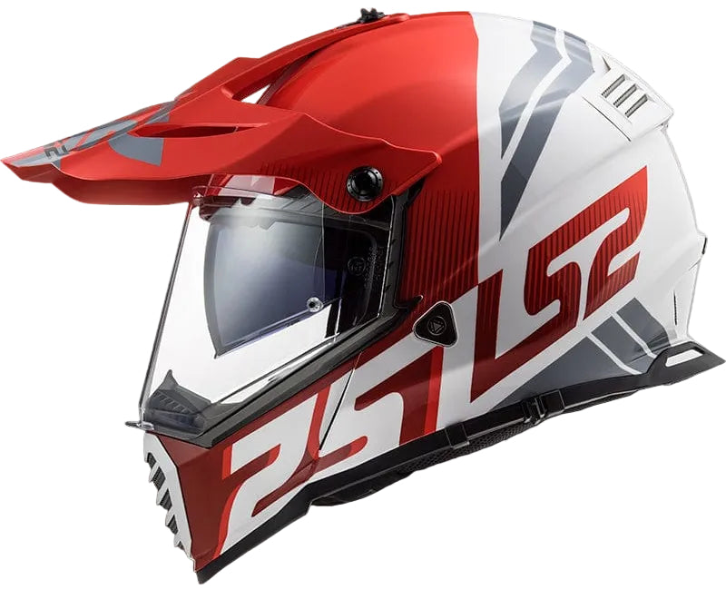 Red and white motorcycle helmet with clear visor on a white background